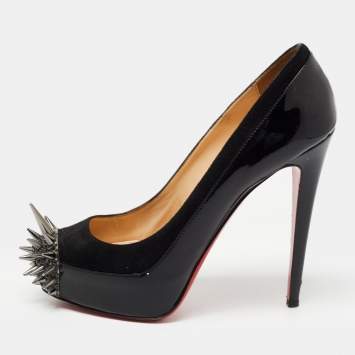 Pre Owned Christian Louboutin Black Patent and Suede Asteroid Pumps Size 38.5