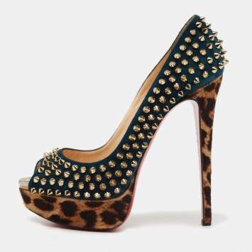 Pre Owned Christian Louboutin Blue/Brown Suede and Calf Hair Lady Peep Spikes Pumps Size 38