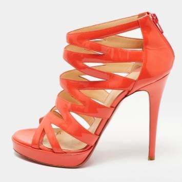 Pre Owned Christian Louboutin Orange Patent Leather Fernando Platform Sandals Size 39.5