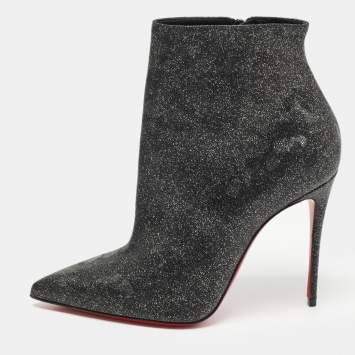 Pre Owned Christian Louboutin Black/Silver Leather and Glitter So Kate Ankle Boots Size 37