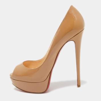 Pre Owned Christian Louboutin Beige Patent Leather Lady Peep Platform Pumps Size 38.5