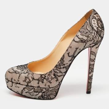 Pre Owned Christian Louboutin Black/Pink Lace and Satin Bianca Pumps Size 38.5