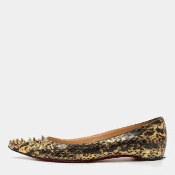 Pre Owned Christian Louboutin Gold/Black Watersnake Degraspike Ballet Flats Size 38