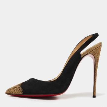Pre Owned Christian Louboutin Black/Gold Suede and Glitter Almine Slingback Pumps Size 38