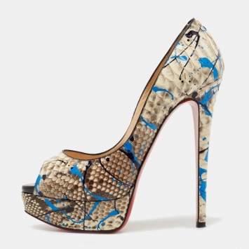 Pre Owned Christian Louboutin Brown/Beige Python Paint Splatter Lady Peep Pumps Size 37