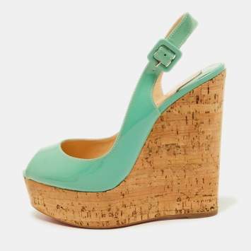 Pre Owned Christian Louboutin Green Patent Leather Une Plume Cork Wedge Sandals Size 37.5