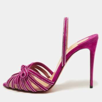 Pre Owned Christian Louboutin Purple Crystal Embellished Suede and Mesh Araborda Slingback Sandals Size 37