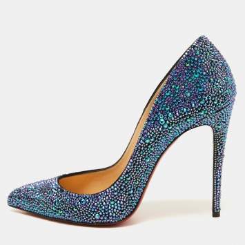Pre Owned Christian Louboutin Metallic Blue Crystal Embellished Suede Pigalle Follies Pumps Size 37
