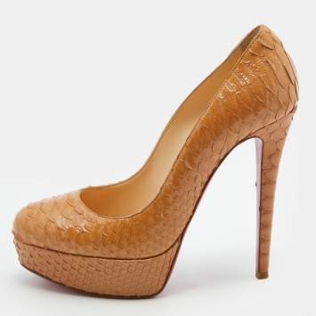 Pre Owned Christian Louboutin Light Brown Python Leather Bianca Platform Pumps Size 37