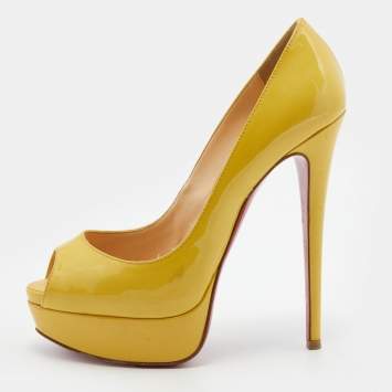 Pre Owned Christian Louboutin Yellow Patent Leather Lady Peep Platform Pumps Size 37