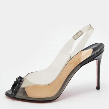 Pre Owned Christian Louboutin Black/Transparent PVC and Patent Leather Ring My Toe Slingback Pumps Size 37