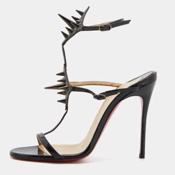 Pre Owned Christian Louboutin Black Patent Leather Lady Max Spike Ankle Strap Sandals Size 37
