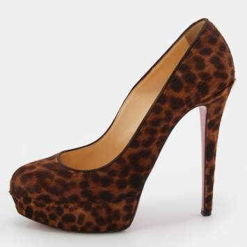 Pre Owned Christian Louboutin Brown Leopard Print Calf Hair Bianca Platform Pumps Size 37.5