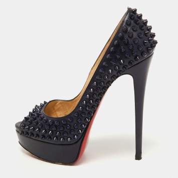 Pre Owned Christian Louboutin Navy Blue Leather Lady Peep Spikes Pumps Size 36