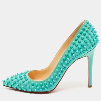 Pre Owned Christian Louboutin Turquoise Patent Leather Pigalle Spikes Pumps Size 38