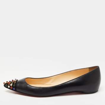 Pre Owned Christian Louboutin Black Leather Geo Ballet Flats Size 37.5