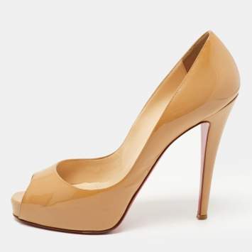 Pre Owned Christian Louboutin Beige Patent Leather New Prive Peep Toe Platform Pumps Size 40.5
