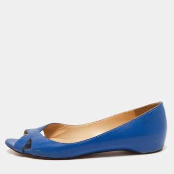 Pre Owned Christian Louboutin Blue Leather Crisscross Ballet Flats Size 38.5