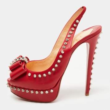 Pre Owned Christian Louboutin Red Leather Lady Clou Slingback Pumps Size 38.5