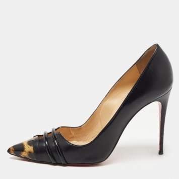 Pre Owned Christian Louboutin Black/Brown Leather and Leopard Print Patent Front Double Pumps Size 38.5
