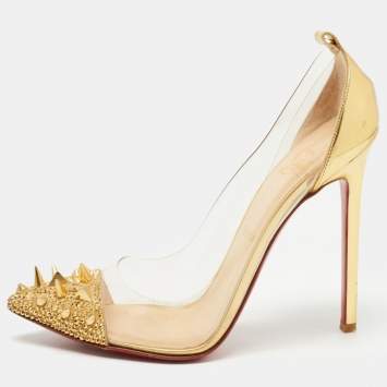 Pre Owned Christian Louboutin Gold Leather and PVC Just Picks Pumps Size 37.5