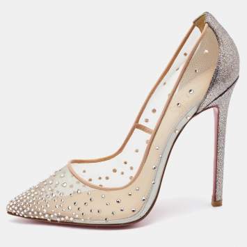 Pre Owned Christian Louboutin Beige/Silver Mesh and Leather Follies Strass Pumps Size 39.5