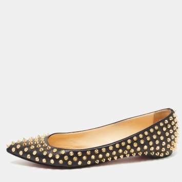 Pre Owned Christian Louboutin Black Leather Pigalle Spikes Ballet Flats Size 39