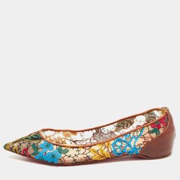 Pre Owned Christian Louboutin Multicolor Embroidered Mesh and Croc Embossed Leather Follies Ballet Flats Size 36.5
