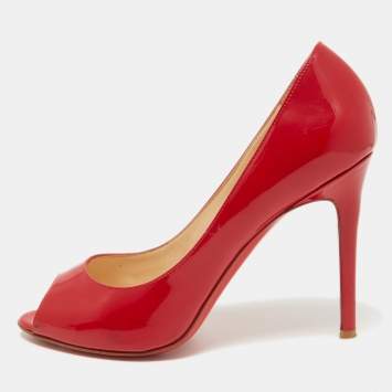 Pre Owned Christian Louboutin Red Patent Leather Flo Peep Toe Pumps Size 38