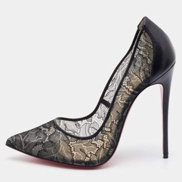 Pre Owned Christian Louboutin Black Leather and Lace Follies Pointed Toe Pumps Size 39