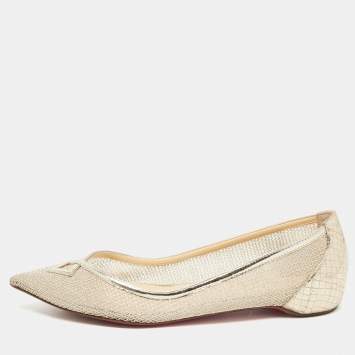 Pre Owned Christian Louboutin Gold Mesh and Embossed Snakeskin Ballet Flats Size 37
