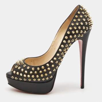 Pre Owned Christian Louboutin Black Leather Lady Peep Spike Pumps Size 40