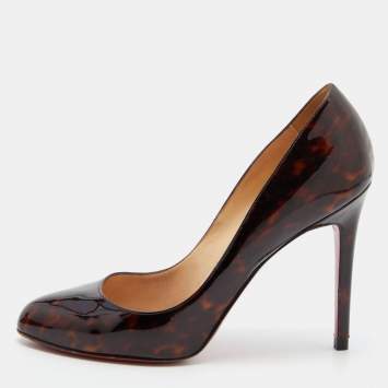 Pre Owned Christian Louboutin Brown Leopard Print Patent Leather Simple Round Toe Pumps Size 39