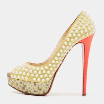 Pre Owned Christian Louboutin Yellow Suede Lady Peep Spikes Pumps Size 37.5