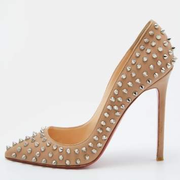 Pre Owned Christian Louboutin Beige Leather Pigalle Spikes Pumps Size 38.5