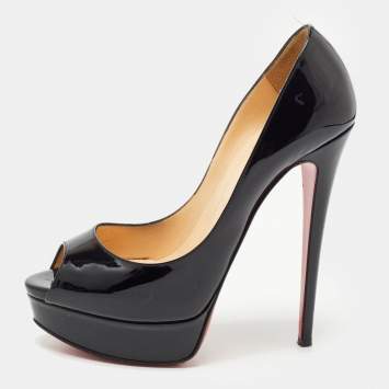 Pre Owned Christian Louboutin Black Patent Leather Lady Peep Pumps Size 38