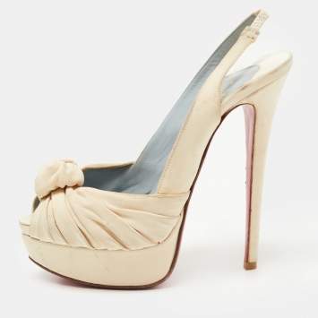 Pre Owned Christian Louboutin Beige Fabric Miss Benin Slingback Platform Pumps Size 37