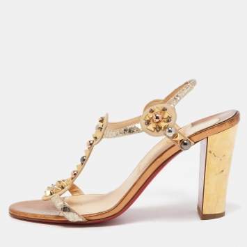 Pre Owned Christian Louboutin Gold/Beige Leather and Suede Kaleitop Sandals Size 41