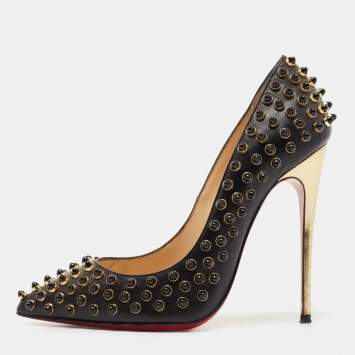 Pre Owned Christian Louboutin Black Leather Studded Follies Cabo Pumps Size 34.5