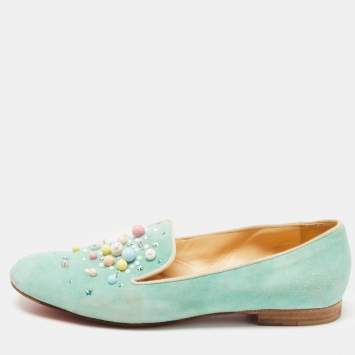 Pre Owned Christian Louboutin Green Suede Candy Studded Smoking Slippers Size 39