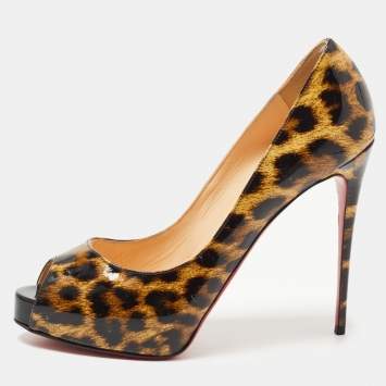 Pre Owned Christian Louboutin Brown/Black Leopard Print Patent Leather New Very Prive Pumps Size 38.5