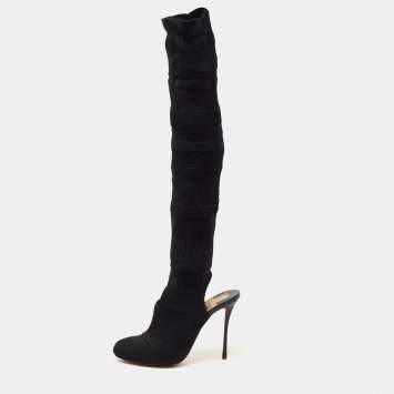 Pre Owned Christian Louboutin Black Knit Fabric Sock Thigh High Boots Size 41