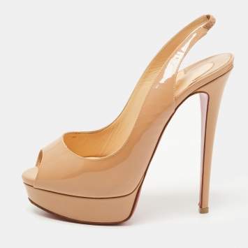 Pre Owned Christian Louboutin Beige Patent Lady Peep Slingback Sandals Size 38