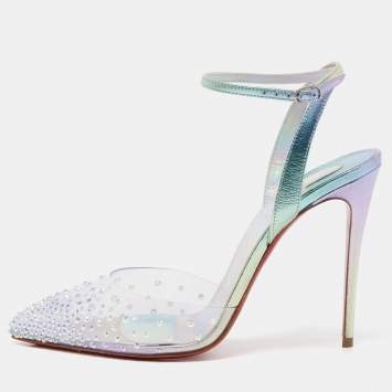 Pre Owned Christian Louboutin Iridescent Blue PVC and Leather Spikaqueen Ankle Strap Pumps Size 37