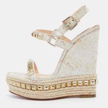Pre Owned Christian Louboutin Beige Cork and Leather Pyraclou Pyadiam Studded Platform Ankle Strap Sandals Size 35