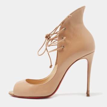 Pre Owned Christian Louboutin Beige Leather Megavamp Ankle Tie Pumps Size 37