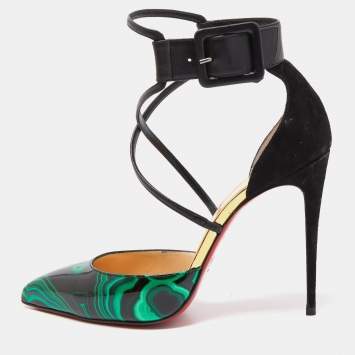 Pre Owned Christian Louboutin Green/Black Swirl Print Patent Leather and Suede Suzannia Pumps Size 38