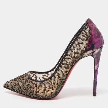 Pre Owned Christian Louboutin Black/Purple Lurex Fabric and Embellished Mesh Pumps Size 37.5