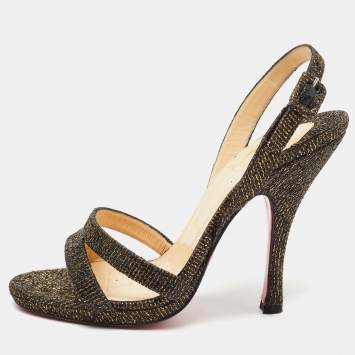 Pre Owned Christian Louboutin Black/Gold Lurex Fabric Slingback Sandals Size 37