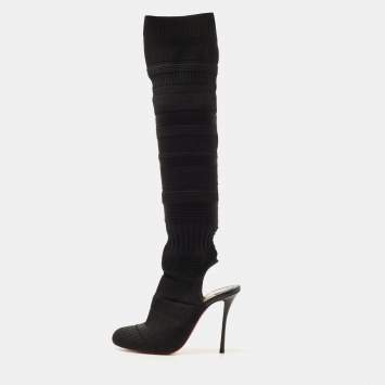 Pre Owned Christian Louboutin Black Knit Fabric Cheminetta Sock Thigh High Boots Size 38